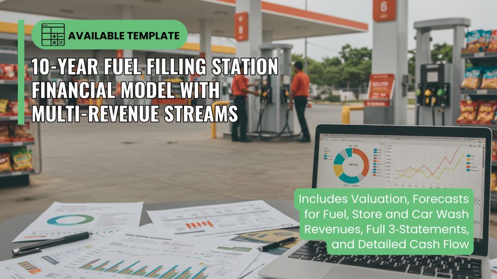 Fuel filling station financial model with forecasting models and graphs, fuel pumps, store items, and bar charts showing forecast and break-even analysis