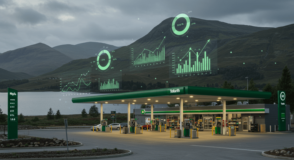 Fuel station financial model with forecasting models and graphs, fuel pumps, store items, and bar charts showing forecast and break-even analysis