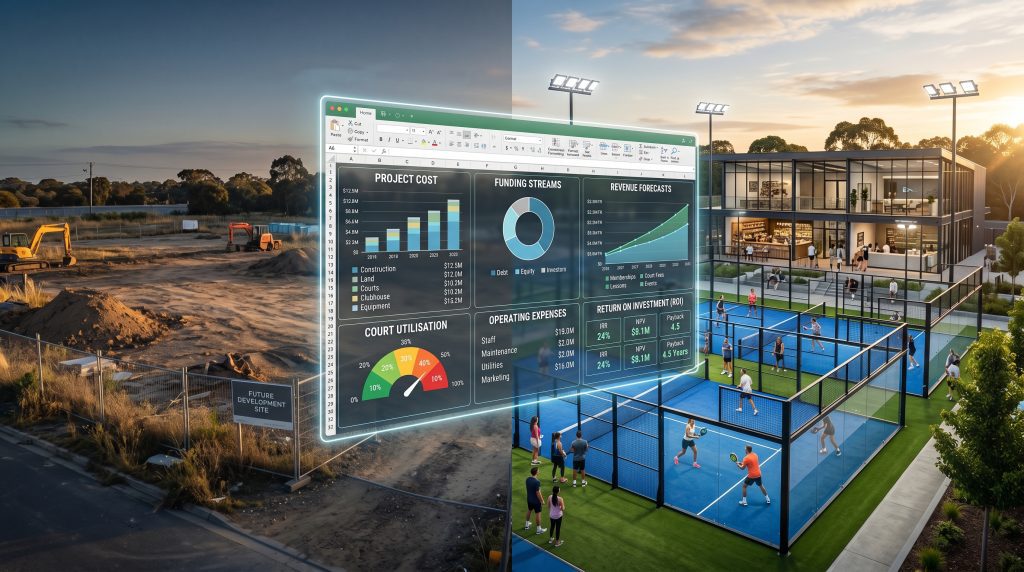 Padel club financial model Excel template showing 5-year forecast dashboard with revenue streams and valuation outputs