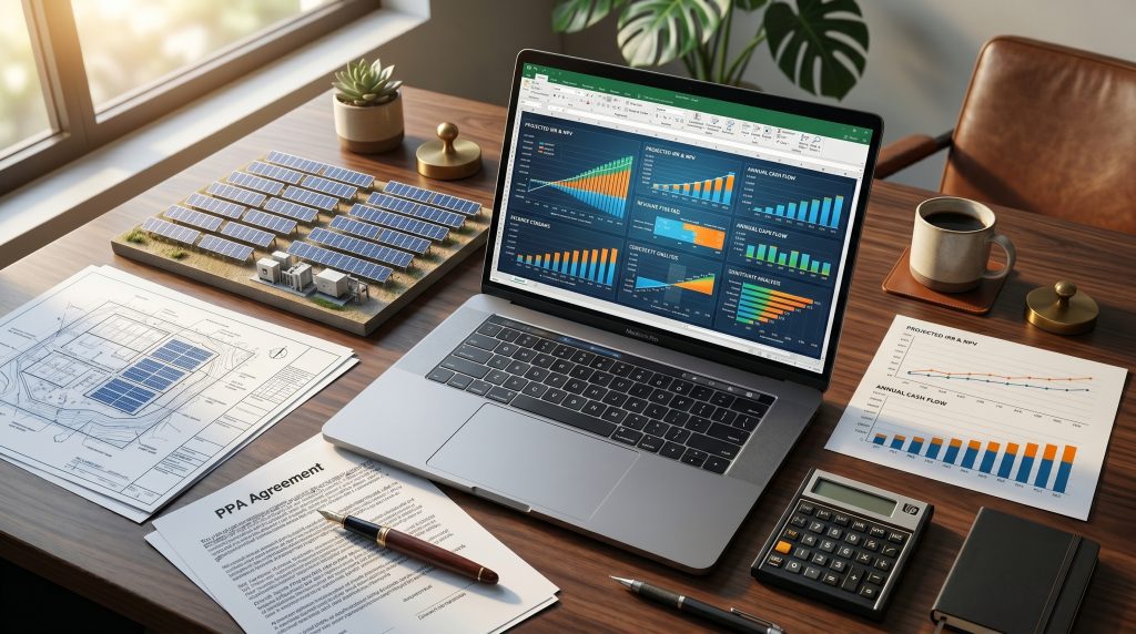 Solar PV financial model Excel template showing 30-year forecast dashboard with IRR, DSCR, LCOE and P50/P90/P99 outputs