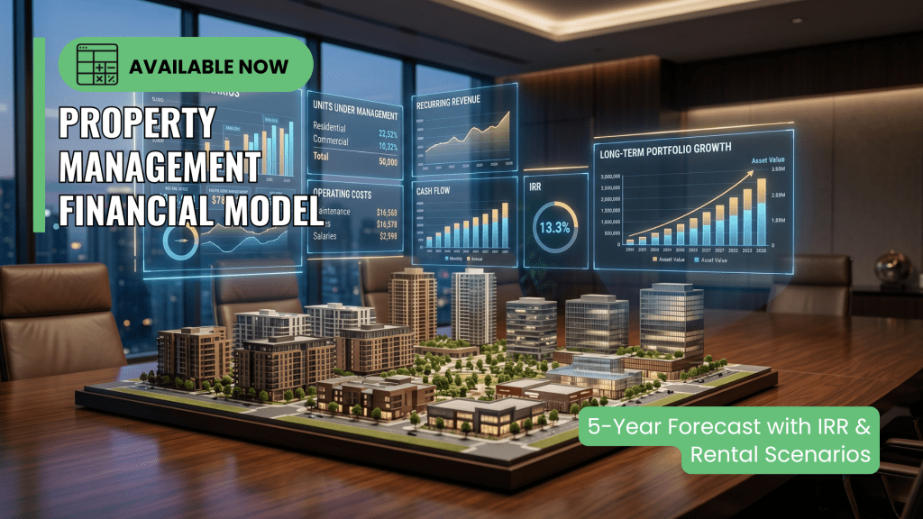 Best Financial Models | Property management financial model Excel template with 5-year forecast and rental scenarios