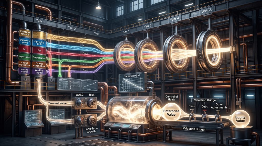 Precision valuation foundry converting future free cash flows into enterprise value and equity value through WACC, discounting and terminal value in a DCF model in Excel. Best Financial Models | DCF Model Excel: Converting Future Cash Flows into Present Value