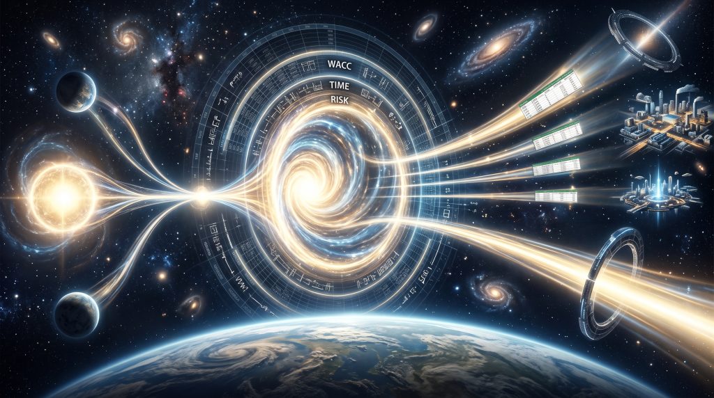 Space wormhole illustrating how a DCF model in Excel discounts future cash flows using WACC and terminal value to calculate present value. Best Financial Models | DCF Model Excel: Pulling Future Cash Flows Back to Present Value