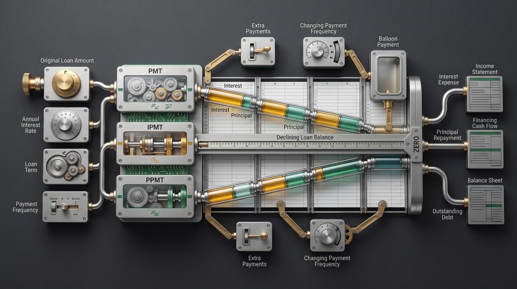 Best Financial Models | Mechanical exploded view of an amortization schedule in Excel showing loan inputs, PMT, IPMT, PPMT, interest, principal and financial-statement links.