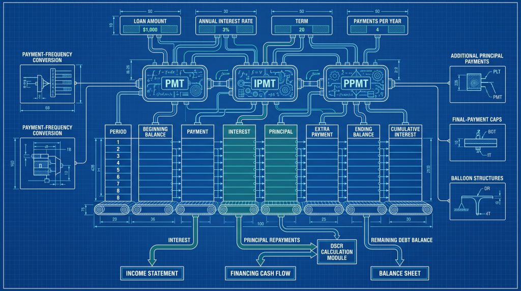 Best Financial Models | Technical blueprint of an amortization schedule in Excel with PMT, IPMT, PPMT, extra payments, balloon structures and three-statement links.
