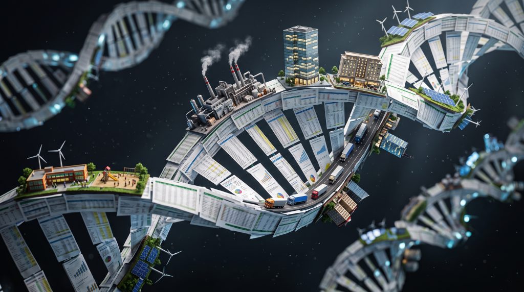 DNA double helix constructed from Excel financial models, financial projections, cash flow forecasts and valuation schedules, illustrating how a Break-Even Point Calculator forms part of a business's financial foundation.