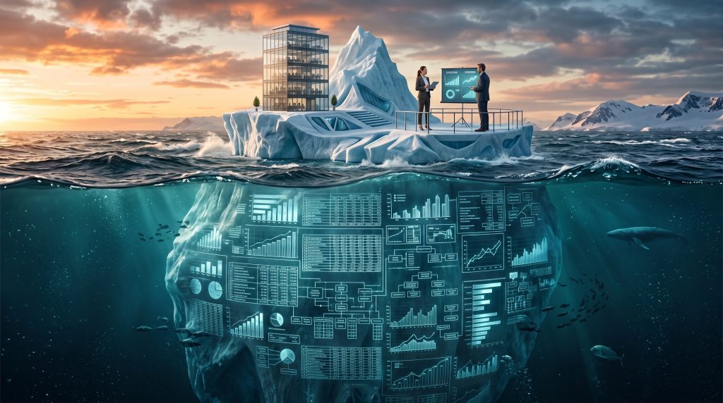 Iceberg illustrating how a Break-Even Point Calculator and financial projections form the hidden foundation of a successful funding application, with a business plan and investor presentation visible above the waterline.