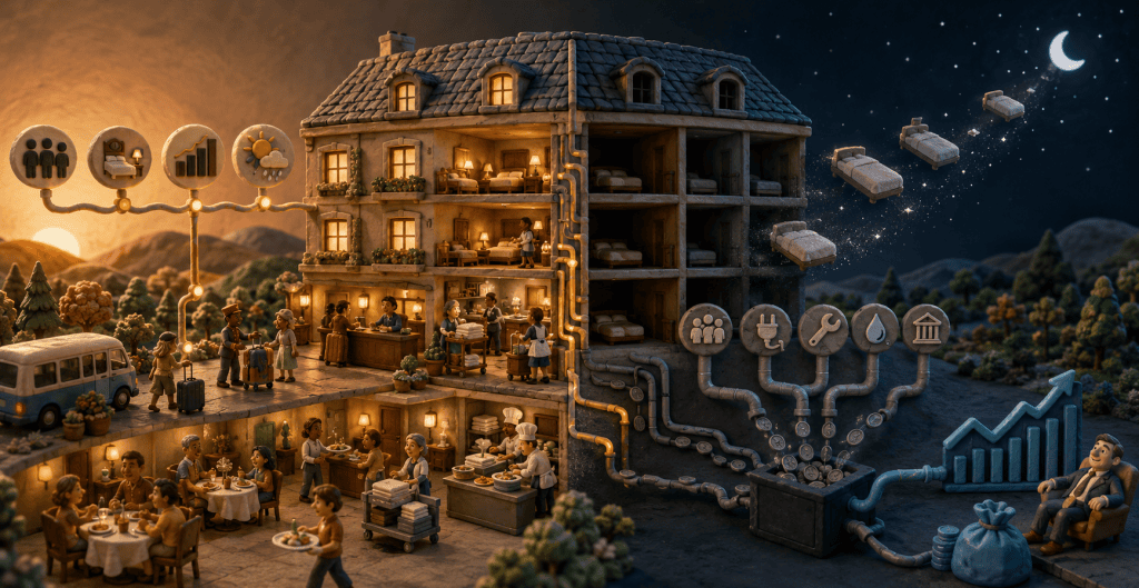 How to Build a Hotel Financial Model: Business Plan, Forecasting and Feasibility Guide | Claymation hotel scene showing occupied rooms generating revenue while empty room nights fade away, illustrating the economics of a hotel financial model.