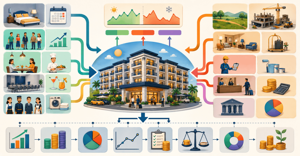 Colourful illustrated hotel scene showing occupancy, ADR, costs, development funding and financial outputs connected in one integrated hotel financial model.