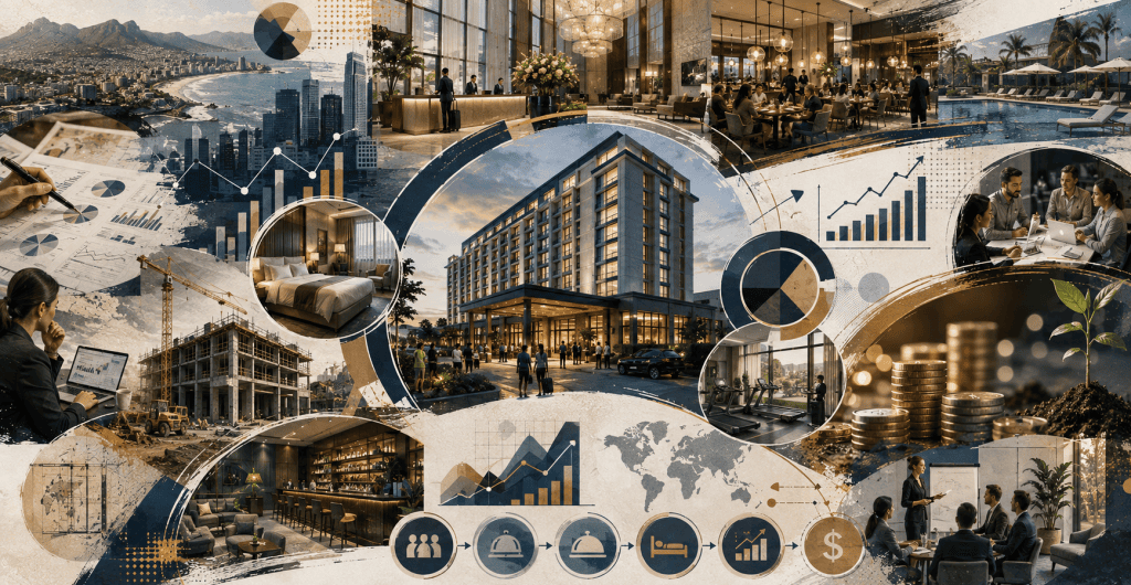 How to Build a Hotel Financial Model: Business Plan, Forecasting and Feasibility Guide | Editorial collage showing hotel operations, development costs, market analysis, funding and investor returns within a hotel financial model.