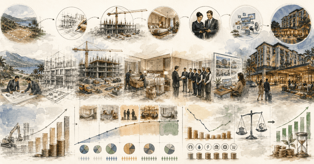 Best Financial Models | How to Build a Hotel Financial Model: Business Plan, Forecasting and Feasibility Guide | Hand-drawn ink and watercolour illustration showing a hotel progressing from site planning and construction to operations, cash flow and investment return.