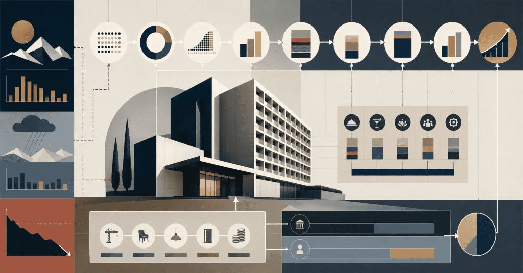 Swiss modernist poster showing a hotel’s economic flow from room nights and occupancy to RevPAR, cash flow and investor returns.