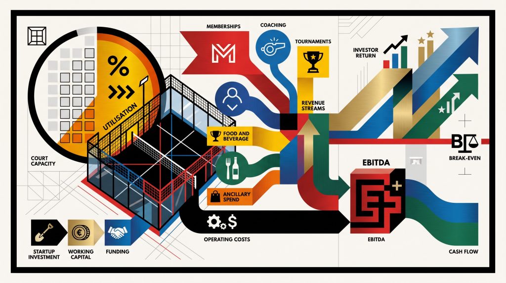 Bauhaus-style padel business graphic showing how court capacity, utilisation, pricing and secondary revenue drive break-even and investment returns.