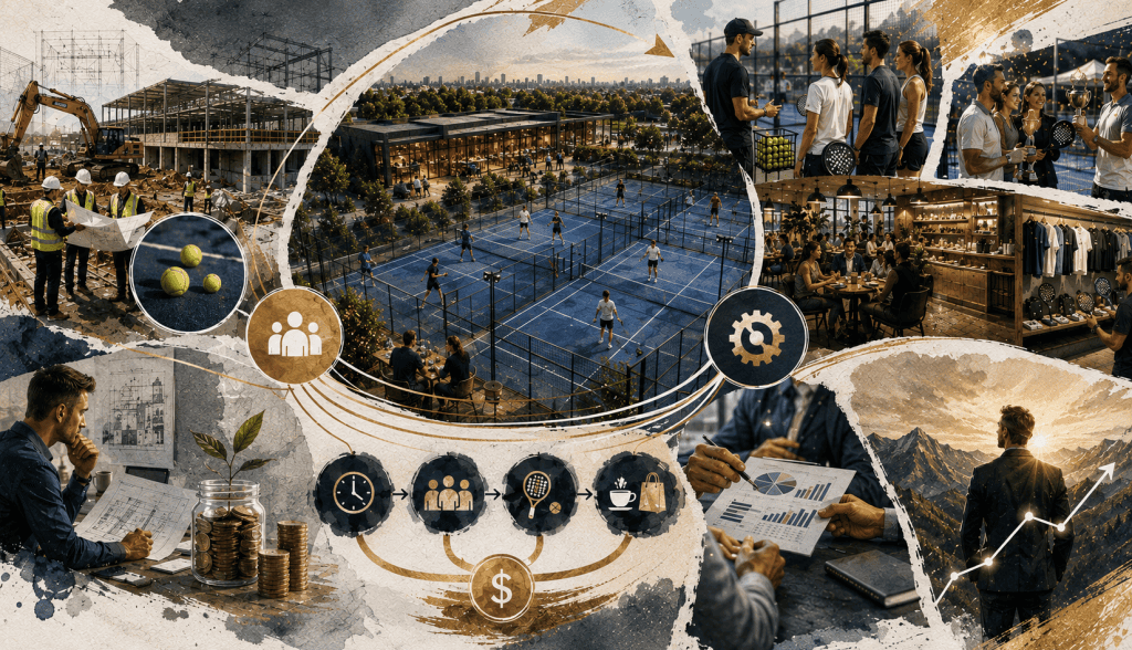 How to Build a Profitable Padel Club: Business Plan and Financial Model Guide (with Free Checklist) | Editorial collage showing padel courts, players, coaching, memberships, food and beverage, startup investment and investor returns within a padel club financial model.