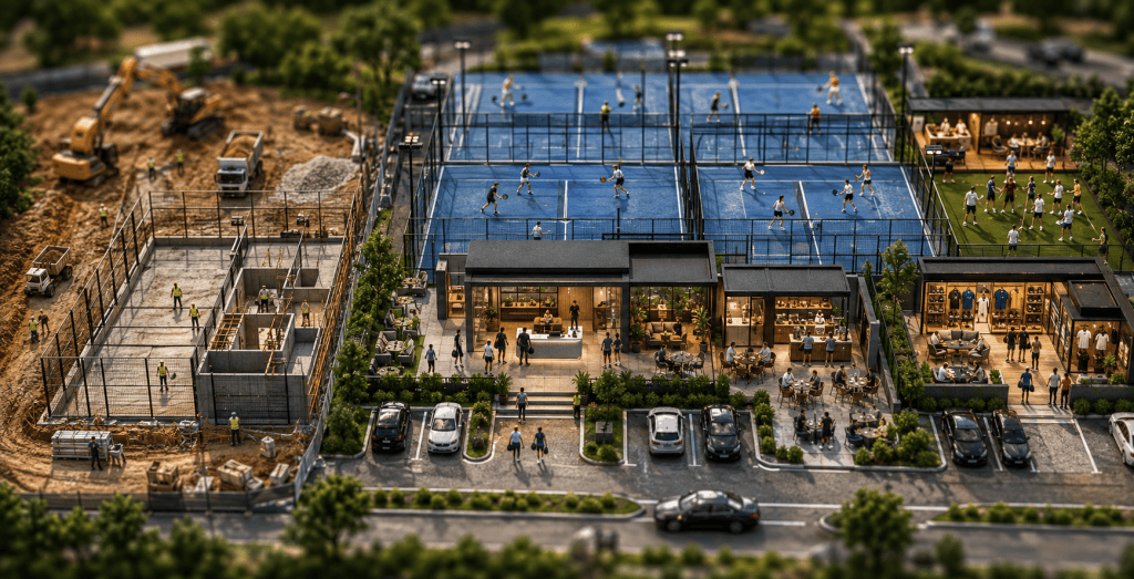 Miniature tilt-shift world showing a padel club under development and in operation, with courts, clubhouse, players, coaching, food and beverage and supporting business activity.