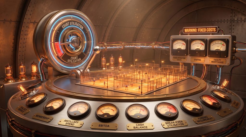 Retro-futurist control room monitoring a padel club’s utilisation, break-even, cash flow, funding need and investor returns.