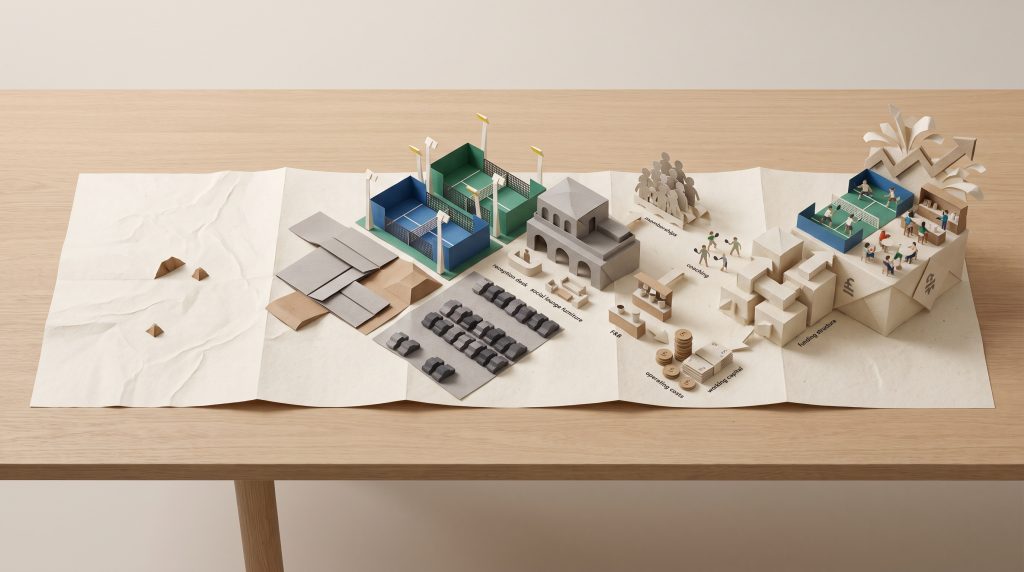 Origami paper scene showing the development of a padel club from site preparation and courts to revenue streams, cash flow and investment returns.