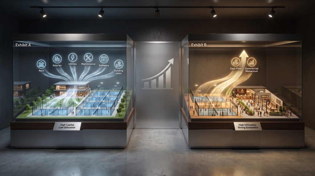 Museum-style comparison showing a large underutilised padel club versus a smaller highly utilised club with stronger economics and cash flow.